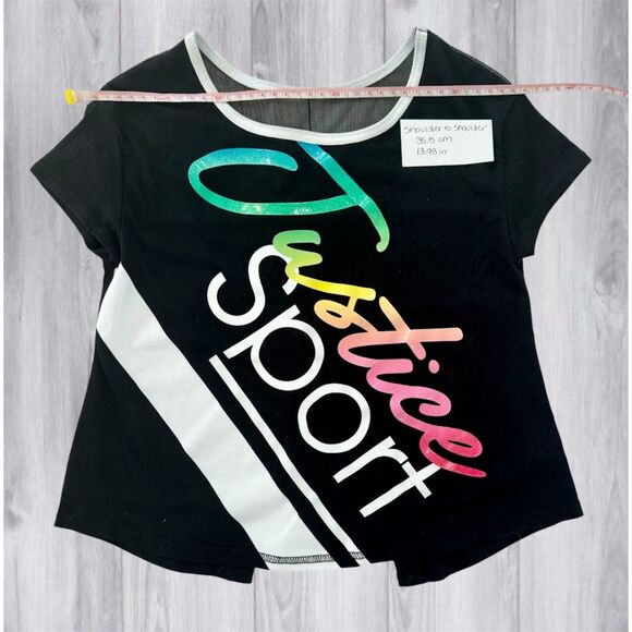 Justice Sport, Girls Short Sleeve Black Shirt, Neon Letters, Split Back - Picture 3 of 4